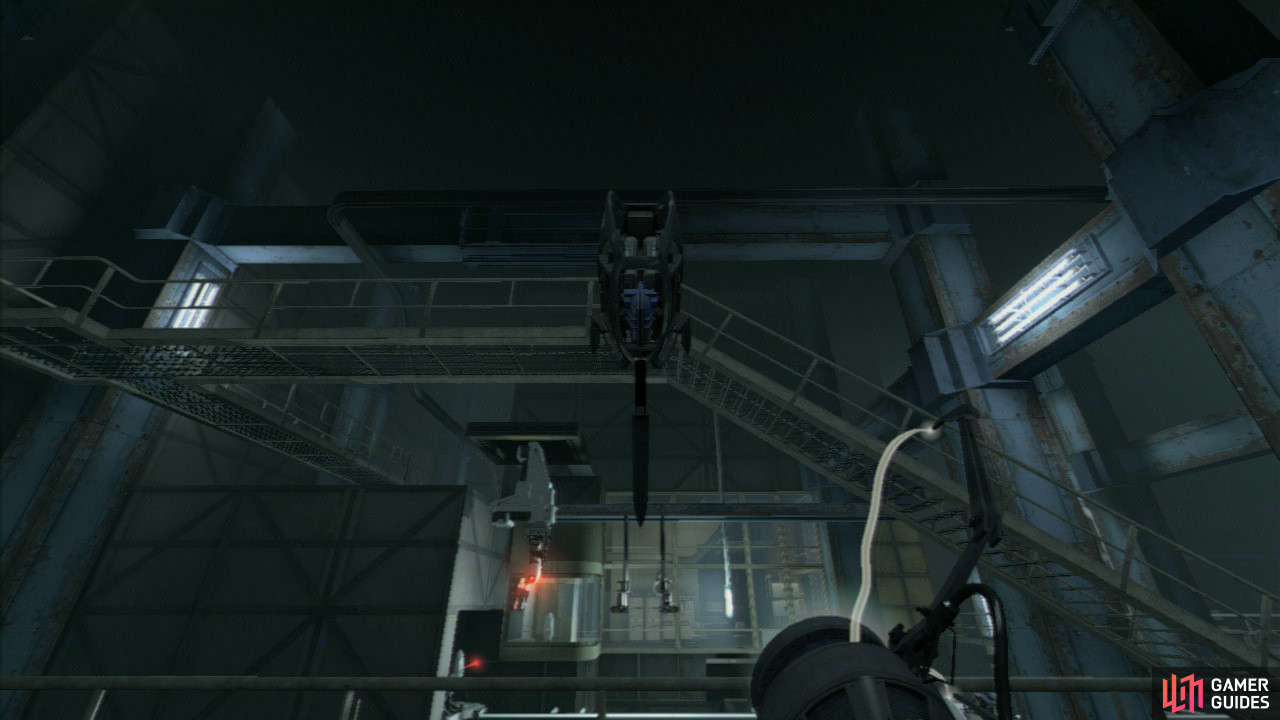 Once you reach the turret inspection room, stand by the funnel to the right of the entrance and turn around to face the turrets as they’re inspected. Look up and when a defective turret is flung your way, catch it and take it around the walkway to where Wheatley is.