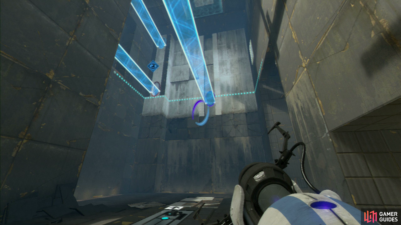 Player 2: Turn around to face the exit and get your first portal where the light bridge meets the wall, then turn back around and set a portal directly under the light bridge in the upper left-hand corner of the room. Run through both portals and hit the switch tucked away from view in the corner (it’s in an alcove on your right).