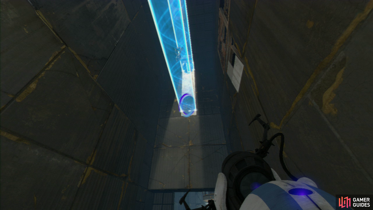 Player 1: Ignore the Arial Faith Plate on the ground for now, instead set a portal on the wall where the permanent light bridge is. Now ask player 2 to stand on the Faith Plate and as they’re soaring upwards, fire a second portal on a lower part of the wall below player 2. This’ll create a platform for them to run up to the permanent part of the light bridge.