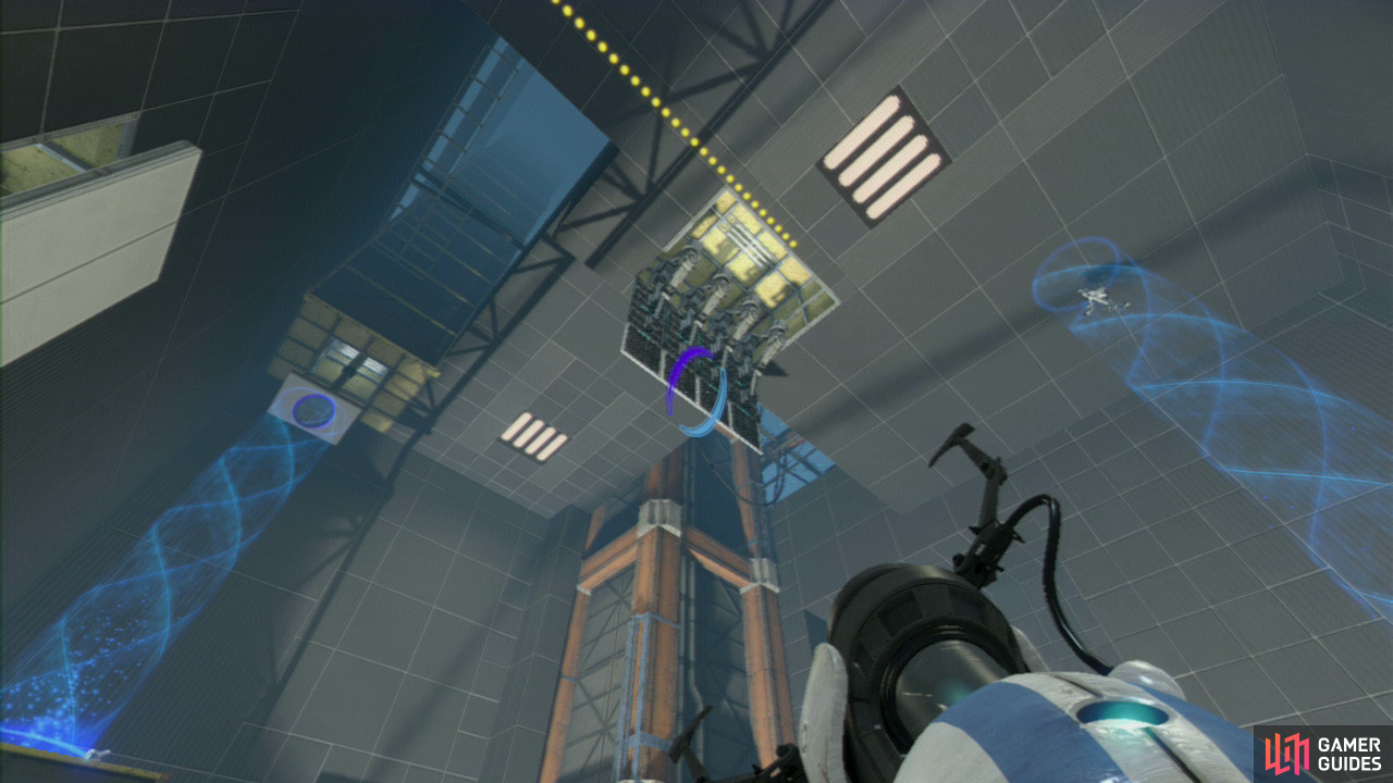 Player 1: Upon entering the main chamber, look for the start of the excursion funnel in the top left-hand corner of the room. Get a portal up on the horizontal panel hanging down above it, then look to your right and on the ground (near the stairs), there’s another horizontal panel here that you need to place your other portal on. This’ll create a funnel that extends up to the ceiling.
