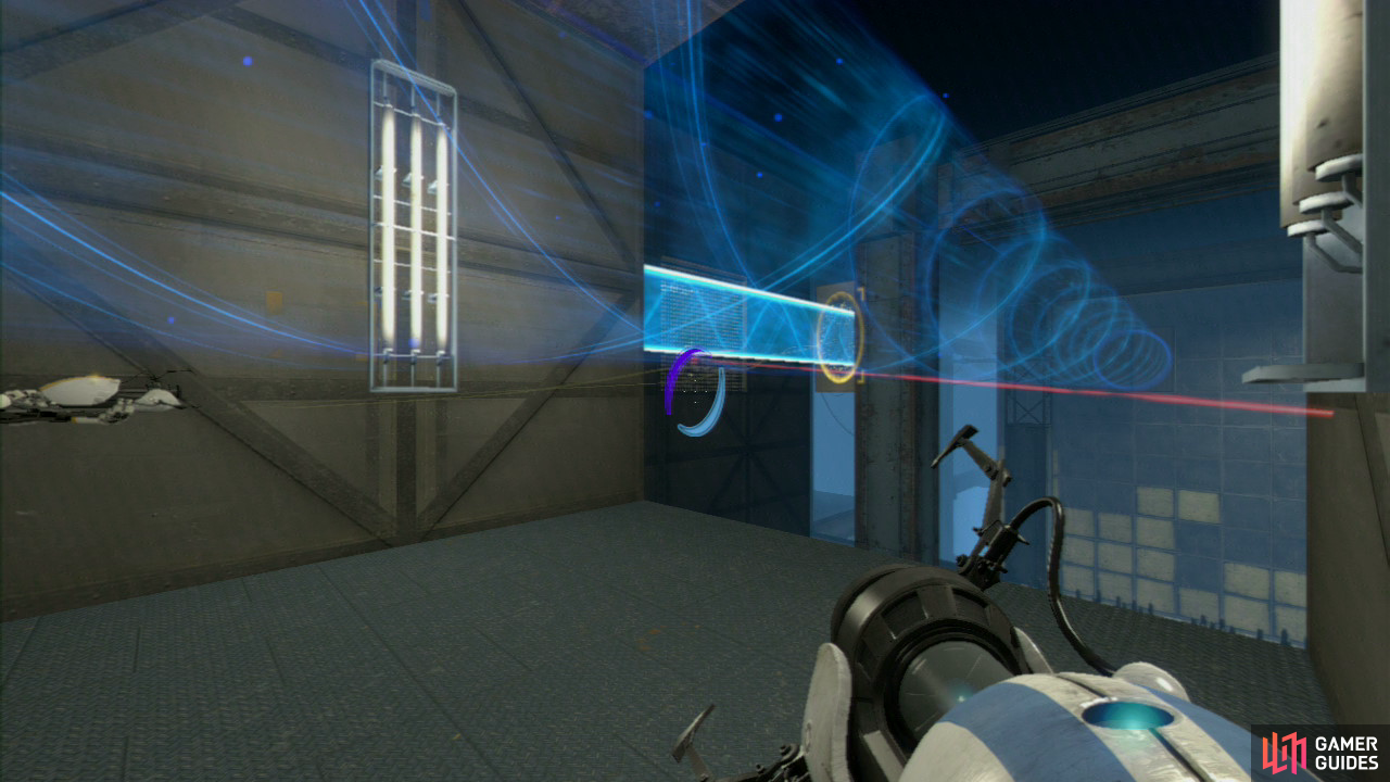 Player 2: Your task is to take control of the light bridge, so peek through the broken panels and look down to the lower ground for the light bridge (zooming in will probably help). Once you’ve got your first portal on target, run around the corner and look for the turrets tucked away to the left (just past the ledge). Block them off with a light bridge on the wall panel here.