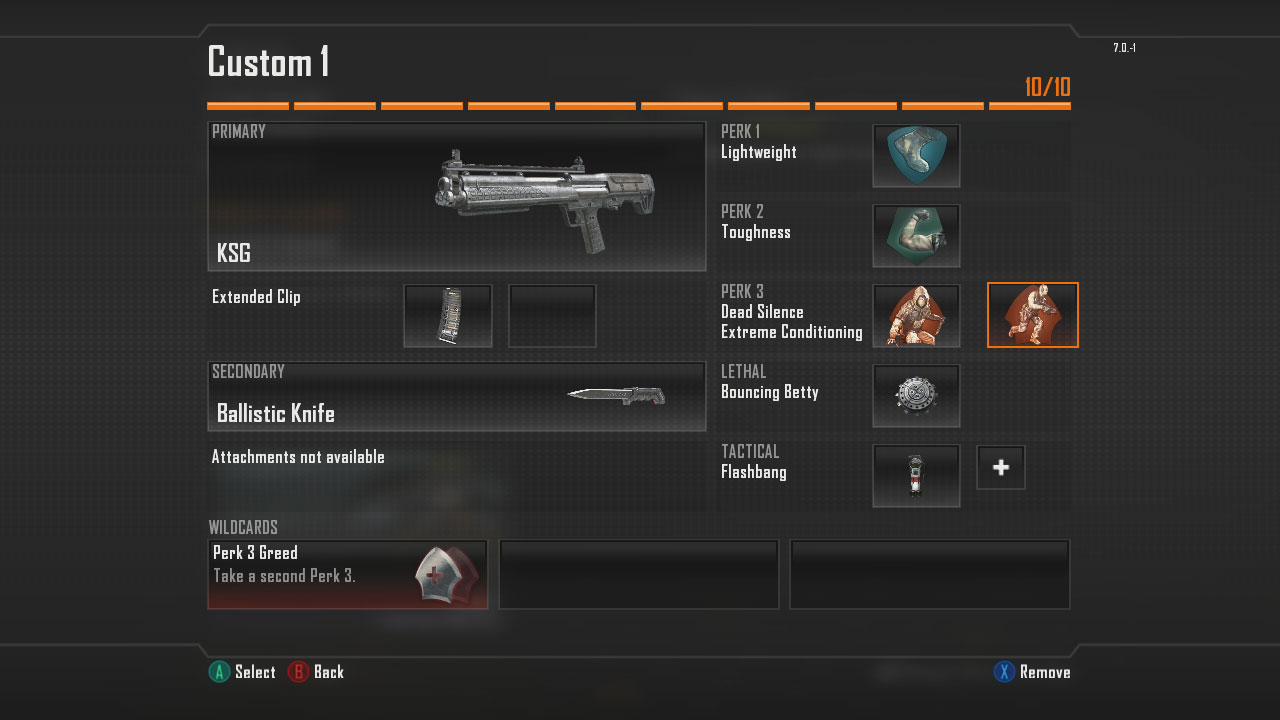 Short Range Primary Weapon > Vektor K10 (SMG) OR KSG (Shotgun) Primary Attachment > Extended Clip Secondary Weapon > Your Choice! Secondary Attachment > None. Lethal > Bouncing Betty OR Claymore Tactical > Flashbang  Perk 1 > Lightweight Perk 2 > Toughness Perk 3 > Dead Silence + Extreme Conditioning Wildcard > Perk 3 Greed  Note: The shotgun/SMG listed are my favorites, but any one will do!  Note: This set up is perfect for sprinting through various areas to get in close and then unleasing the SMG/shotgun on enemy players. The grenades and flashbangs will help you out if you get in a tight spot, whilst the perks ensure you move silently, run for longer and can take a hit or two without flinching.  Short-Mid Range Primary Weapon > MSMC Primary Attachment > Long Barrel + Target Finder Secondary Weapon > Your Choice! Secondary Attachment > Your Choice! Lethal > Bouncing Betty OR Claymore Tactical > Flashbang  Perk 1 > Lightweight Perk 2 > Toughness Perk 3 > Extreme Conditioning Wildcard > None!  Note 1: The SMG listed is my favorite, but any one will do!  Note 2: This set up will give the SMG a slightly longer range, making it effective both up close and at a medium distance as well. he grenades and flashbangs will help you out if you get in a tight spot, whilst the perks ensure you move silently, run for longer and can take a hit or two without flinching.