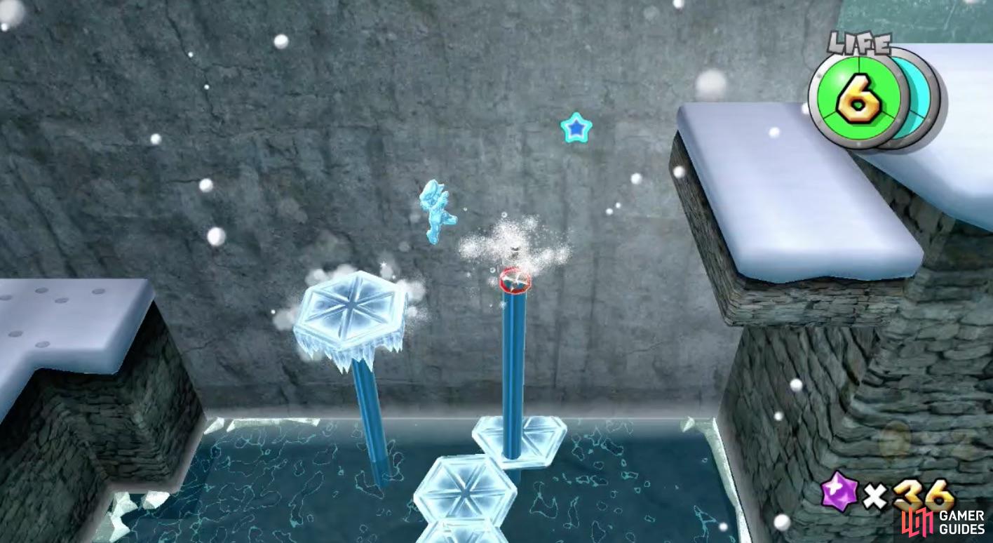 The platforms Ice Mario creates on the water spouts will quickly disappear when jump off. 