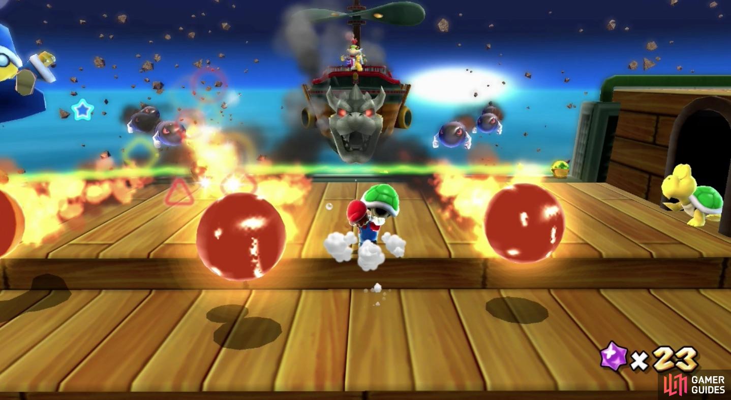 It may seem difficult with all these projectiles coming at you, but you only need to hit Bowser Jr.’s Airship one more time!