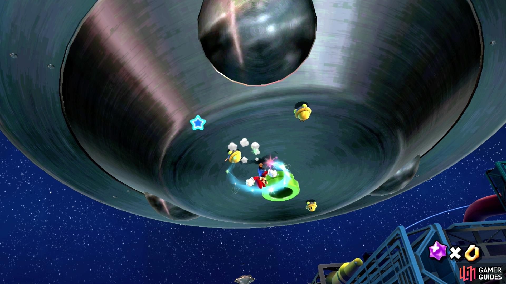 The Warp Pipe is hidden under the starting UFO you land on!
