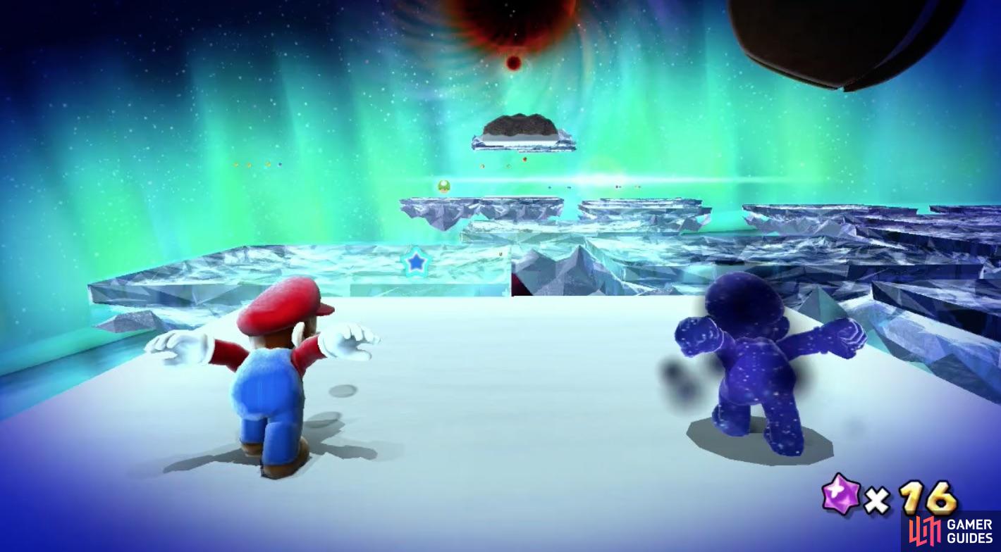 Mario and Cosmic Mario at the winter games.