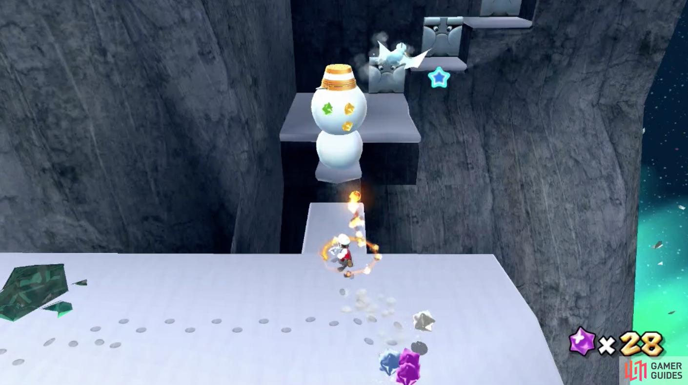 Use Fire Mario’s fireballs to get rid of the snowmen.