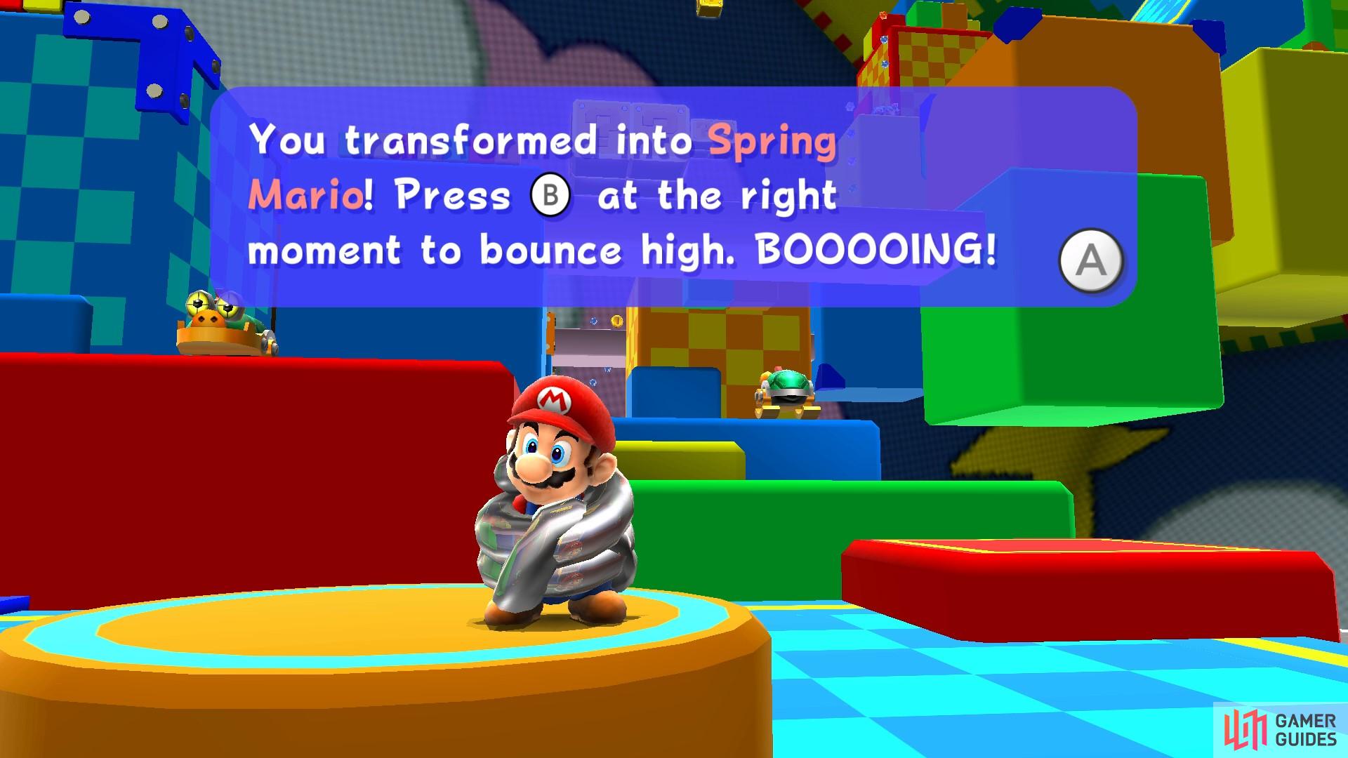 Spring Mario can jump really high but he’s tricky to control.
