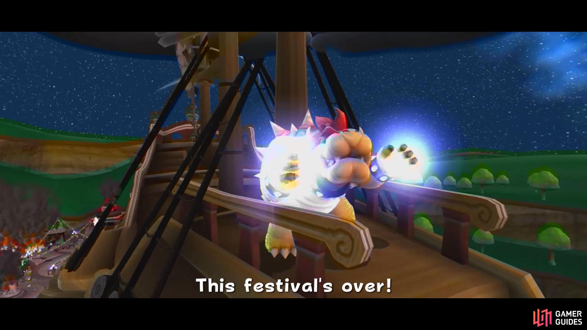 Bowser attacks Toad Town and steals Princess Peach!