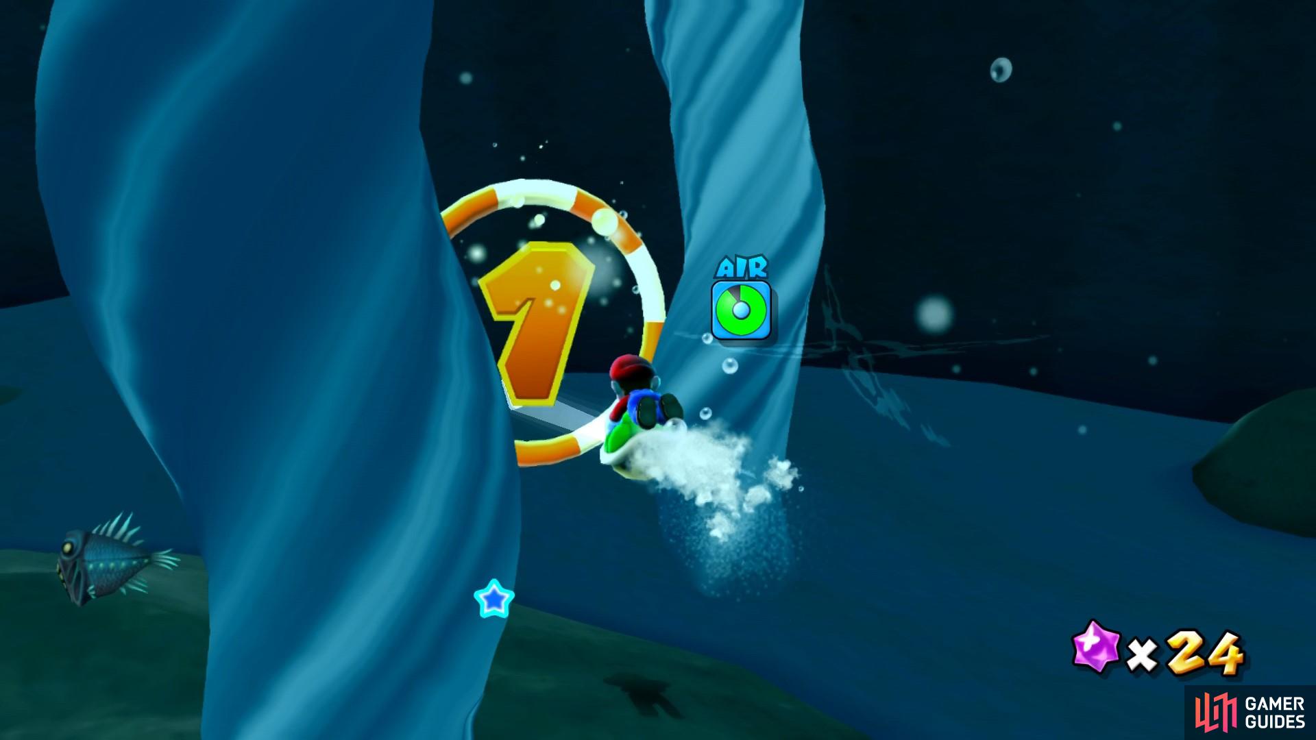 To win against Guppy, you need to swim through all of his rings. 