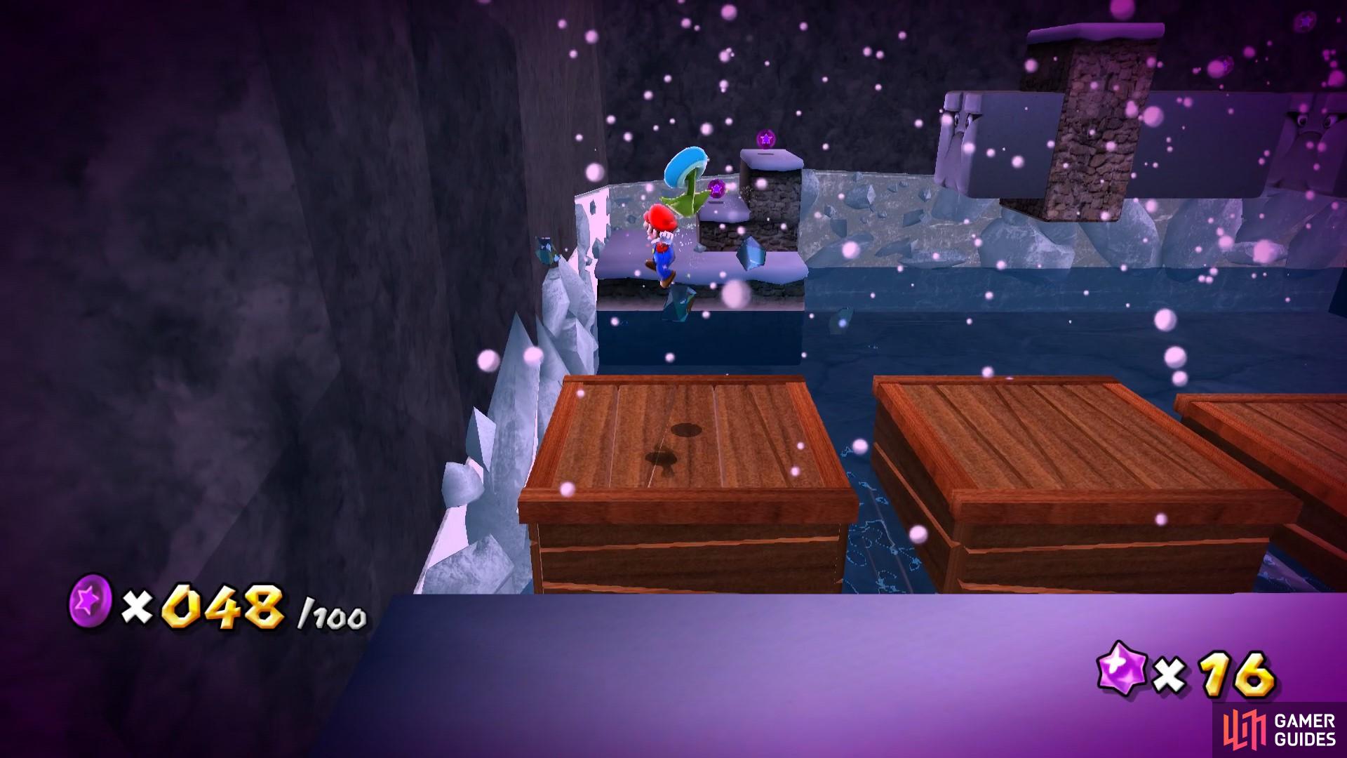 Head across the wooden crate platforms to grab another Ice Flower.