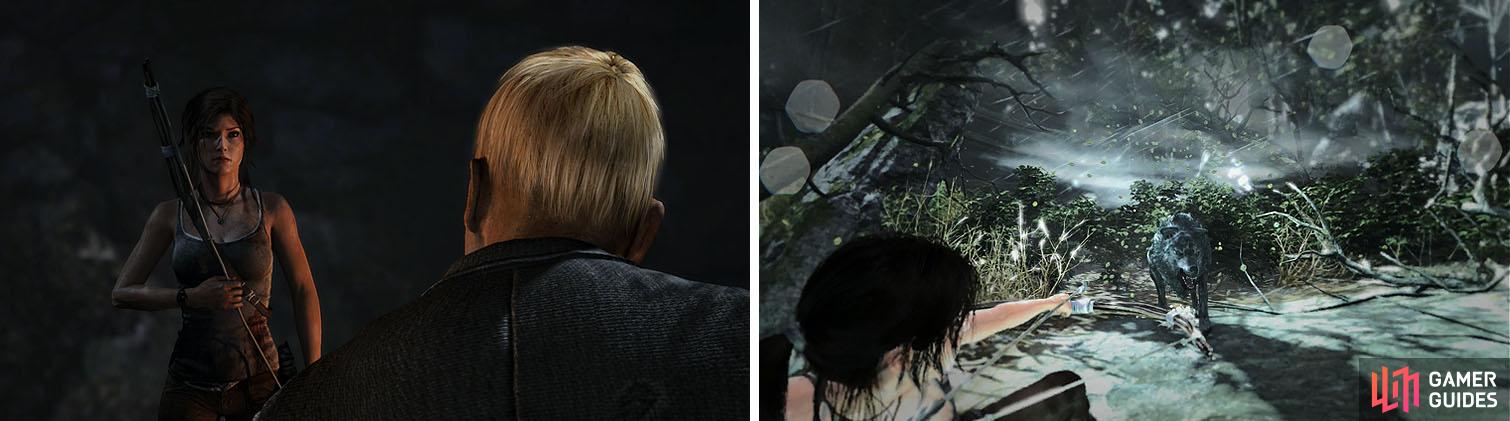 After finding the source of the voices (left) you’ll have to fend off some wolves that attack while Lara is stuck in a trap (right).