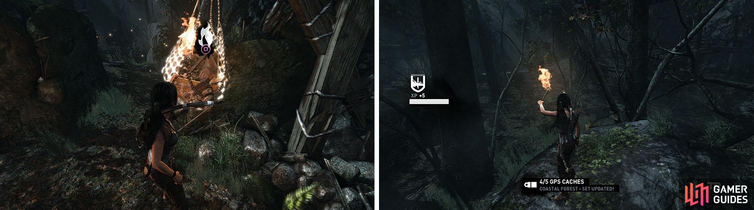 Burn the netting to release the salvage (left). The small path near the stairs leads to a landing with a GPS Cache (right).