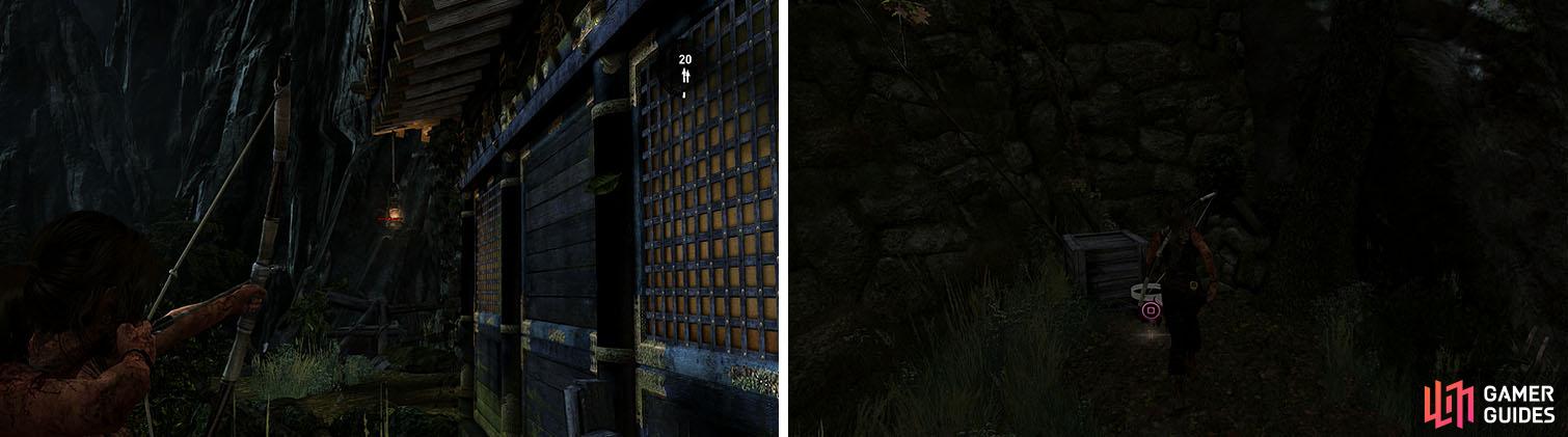 Shoot the Lantern to begin a new challenge (left). Don’t miss the GPS Cache behind the gazebo with a Food Cache (right).