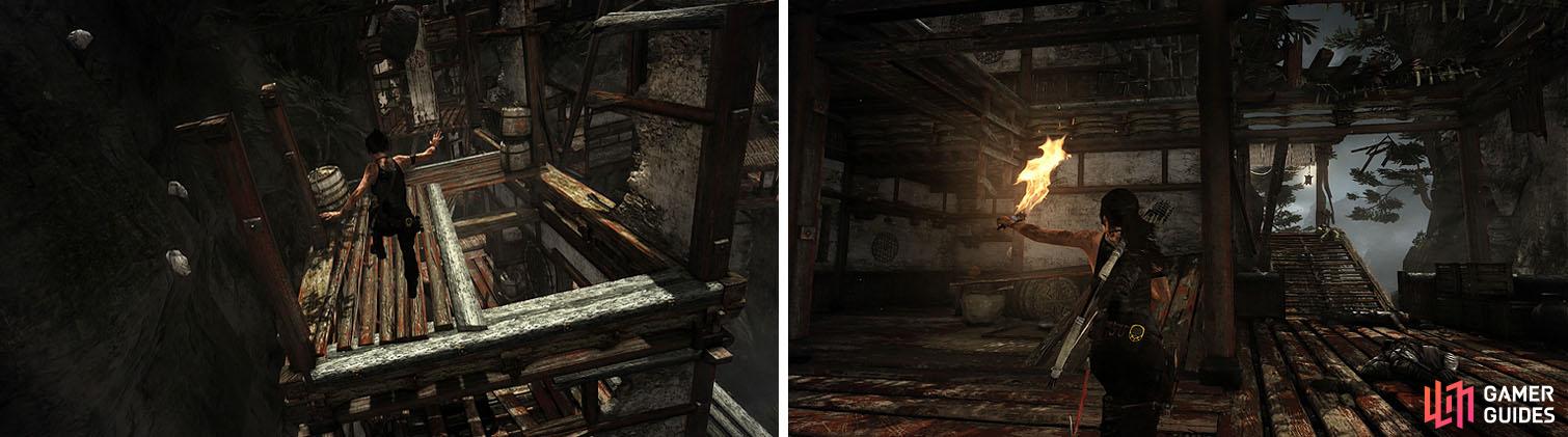 Jump across the building as the collapse (left). When you reach the final building you won’t want to miss the salvage crate upstairs via a ramp and ladder (right).