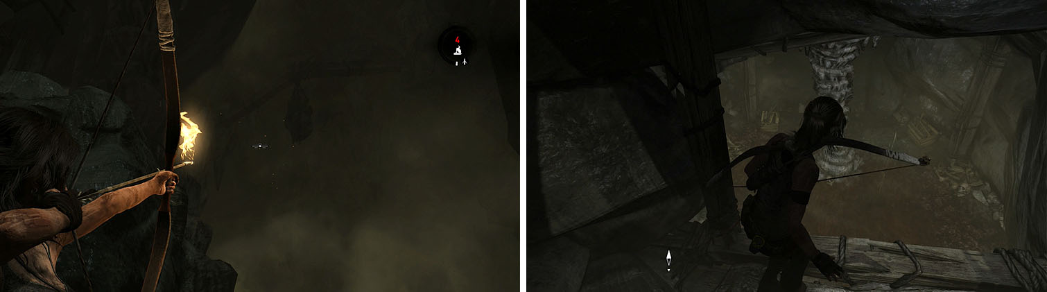 Locate the sack on the ceiling to start a challenge (left) before you head down the nearest tunnel to find salvage (right).