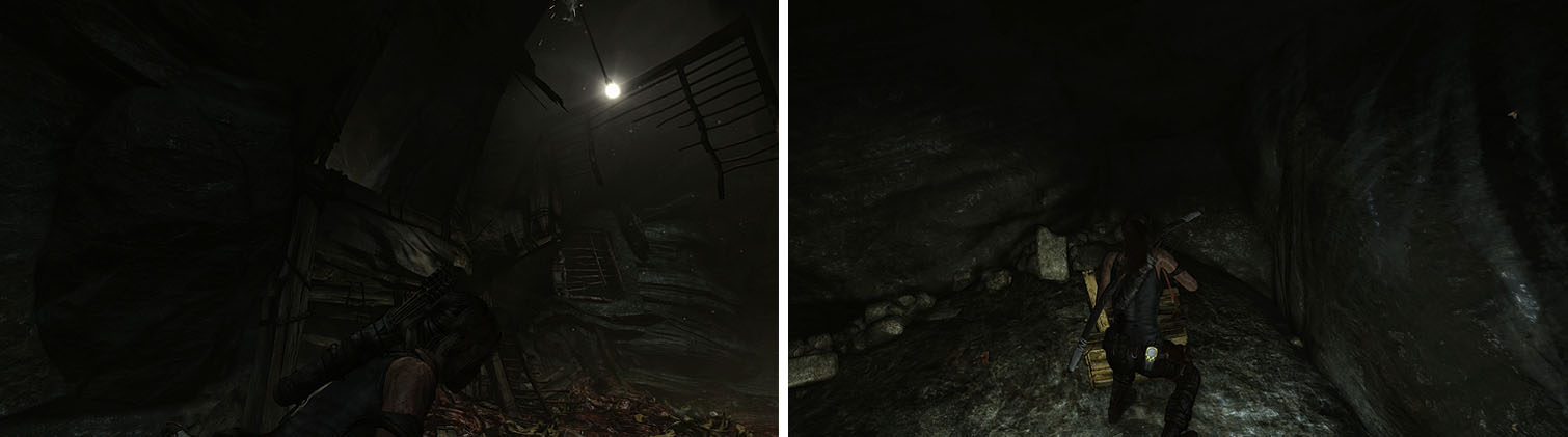 In the tunnel with the captives, check the ledge for a metal crate of salvage (left). The tunnel to the right leads to a dead end with salvage and a GPS Cache (right).