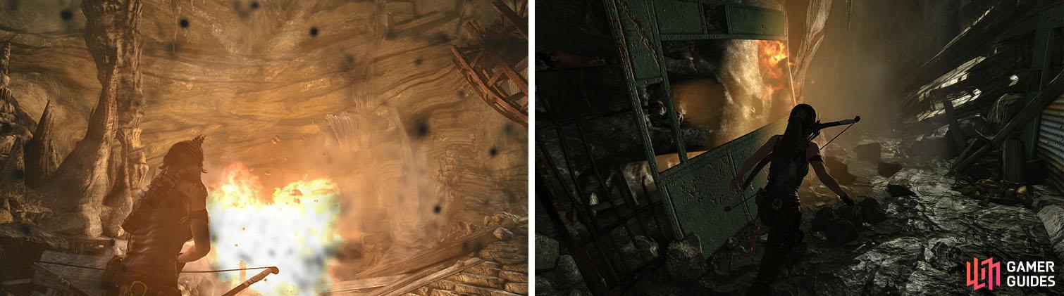 Pull the cage toward you and then shoot the gas (left) and then run down the collapsing tunnel (right).