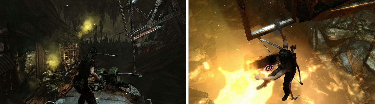 When you reach the top of the chopper, use the gas to break the cage (left). Unfortunately, this will also cause the floor to collapse (right).