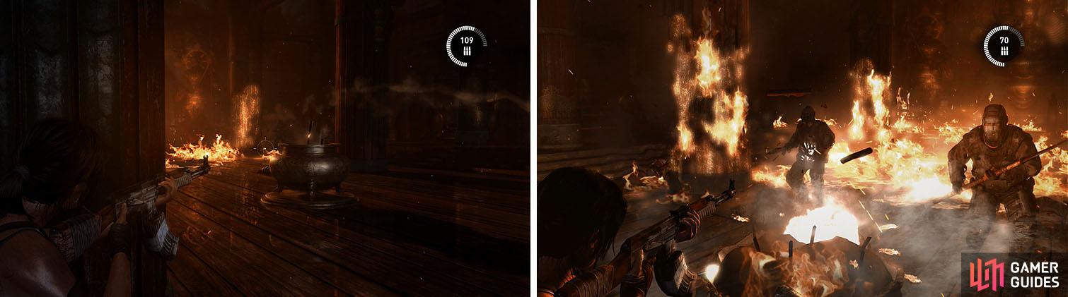 Beware of being flanked as the fire engulfs the room (left) and then take out the armored Solarii who end at the end of the fight (right).