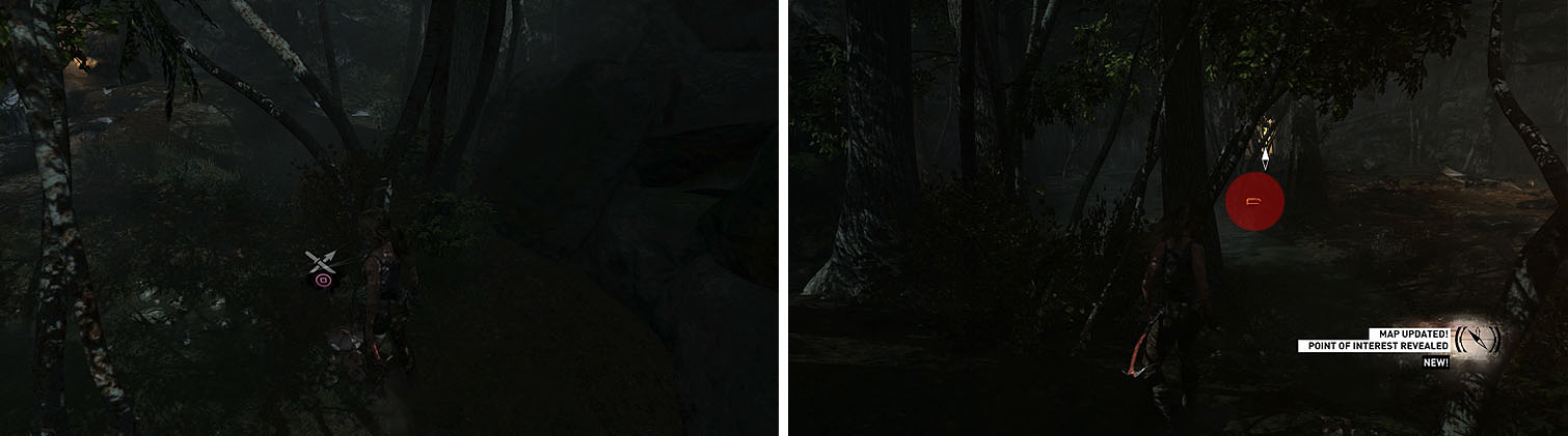 Keep an eye out for the hard to spot mushrooms, to progress the challenge (left). Near the first mushroom, use your Survival Instincts to spot the relic (right).