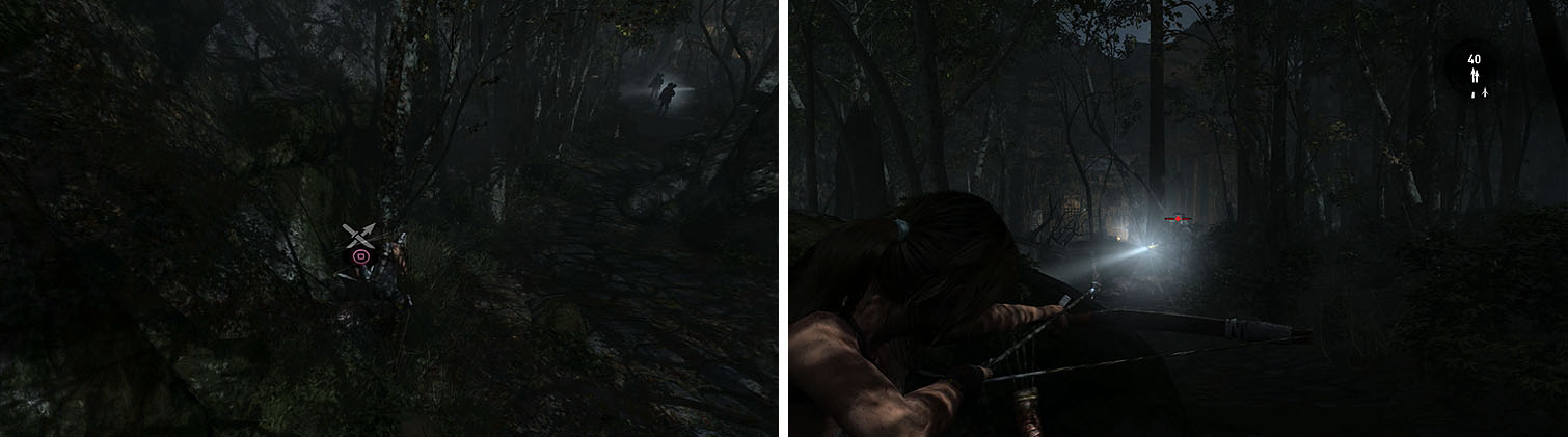 When you spot the men, you should also find a mushroom (left). Let the men separate before you kill them with headshots from your stealthy bow (right).