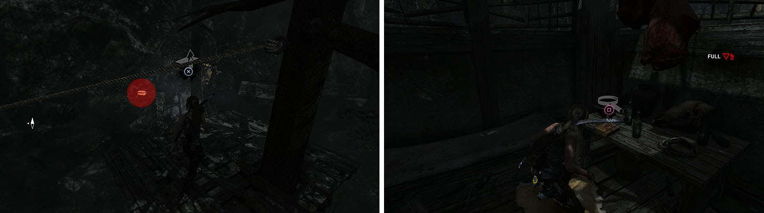 Climb the rope to reach the Japanese dagger (left) and then enter the lodge to the north to find an Acient Scroll (right).