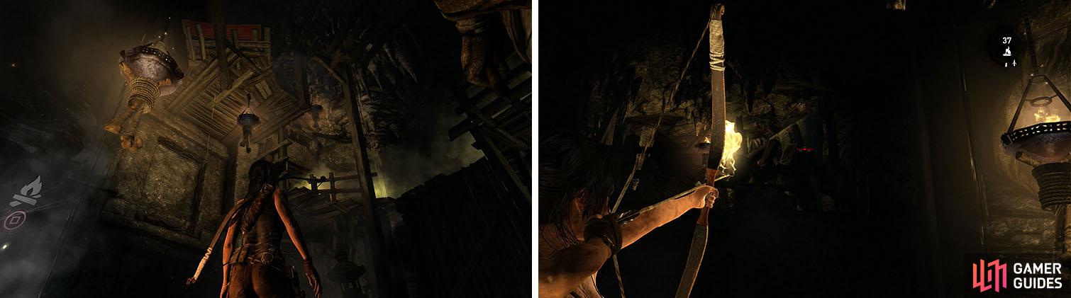 Light the braziers to help navigate the small, dark, cavern (left) and then ignite the debris at the top to remove it and reach the treasure (right).