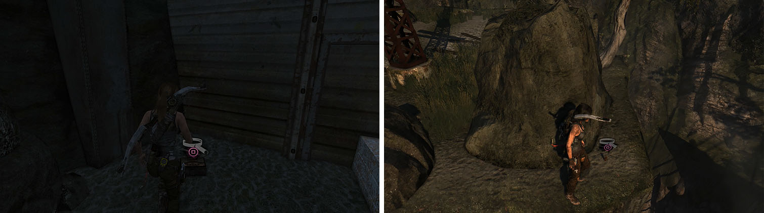 Grab the Japanese Coin relic near the camp (left) before sliding down the rope to find a GPS Cache behind some rocks (right).