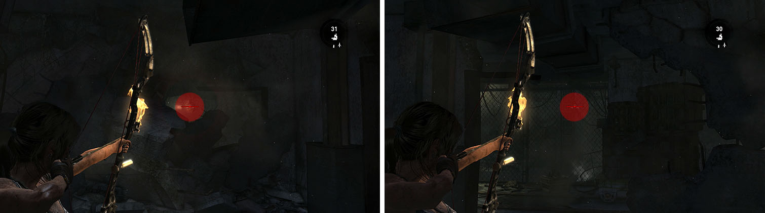 Shoot through the rubble to drop some salvage (left) and through the hall mesh for the final Sun Totem (right).