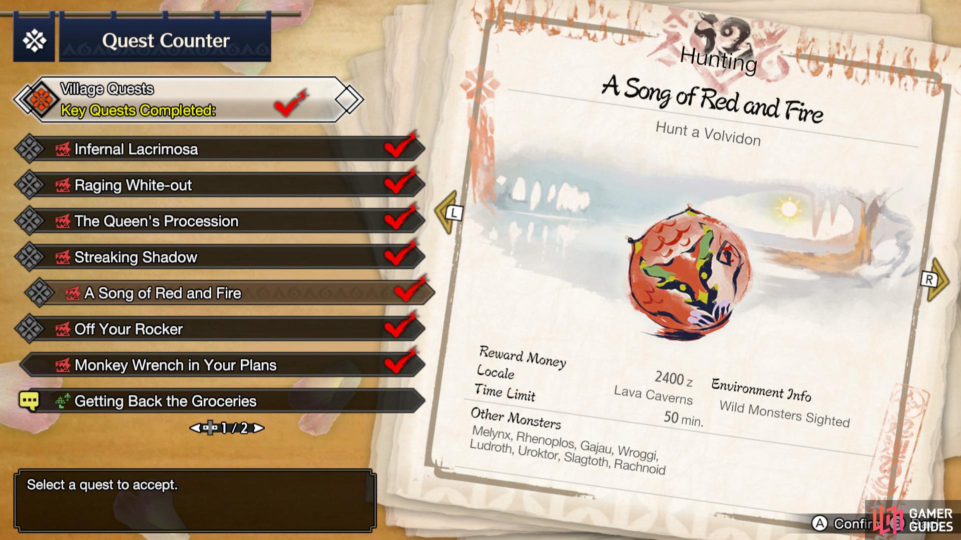 The A Song of Red and Fire quest becomes available when you reach 4* Village Quests