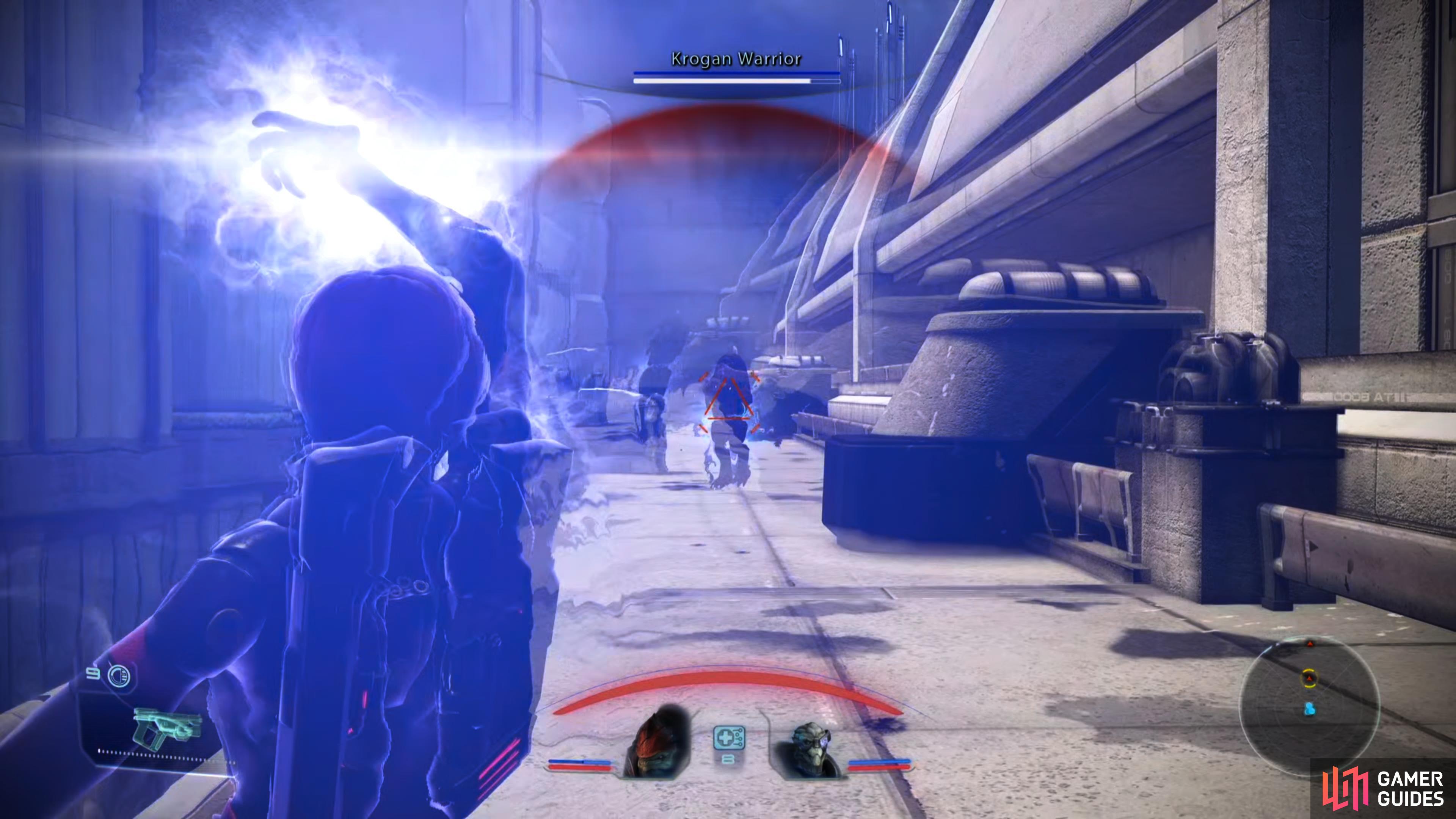 You'll have to fight across a walkway guarded by three krogan to reach the main base.