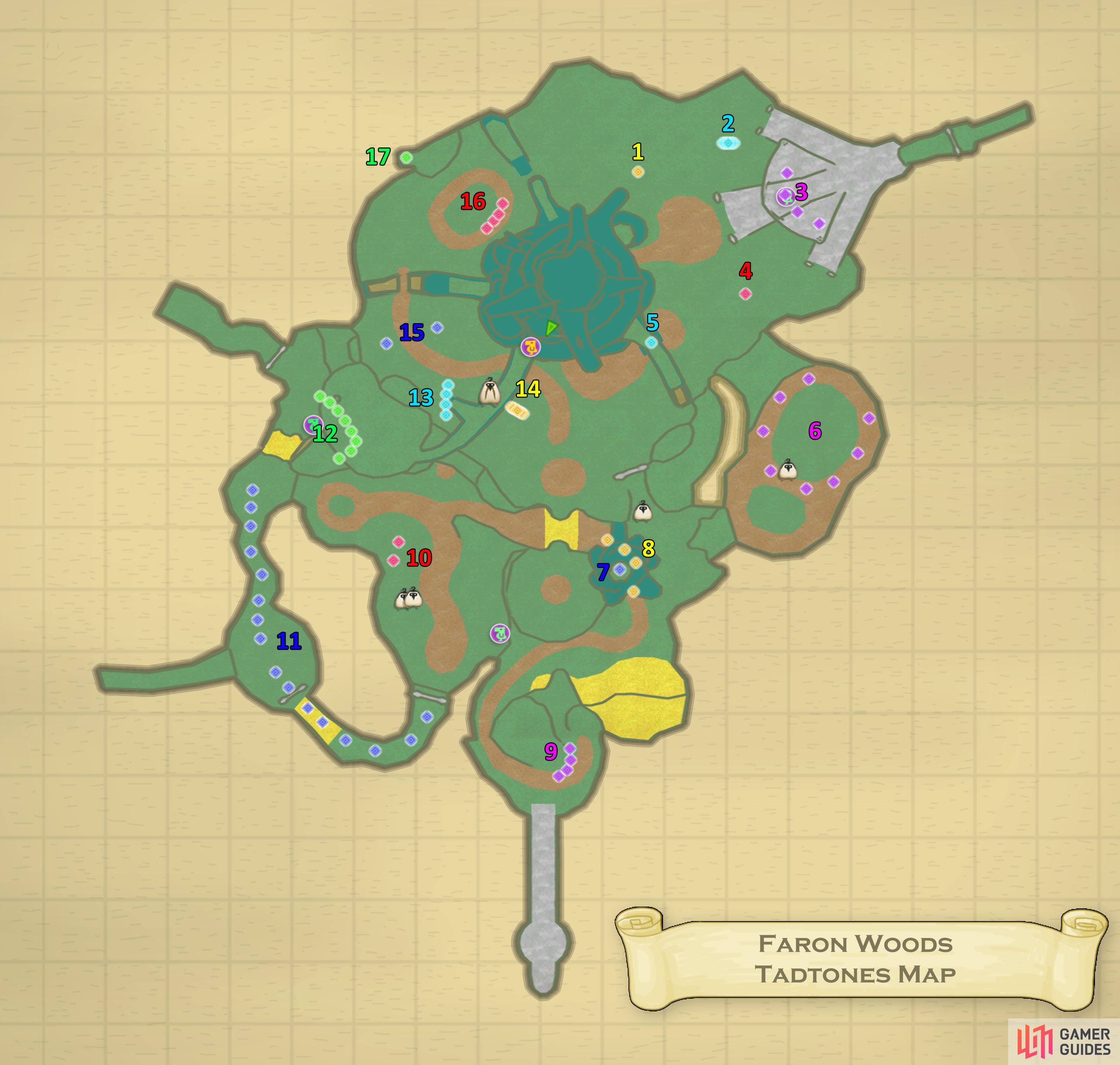 Map for all the Tadtones in the Faron Woods.
