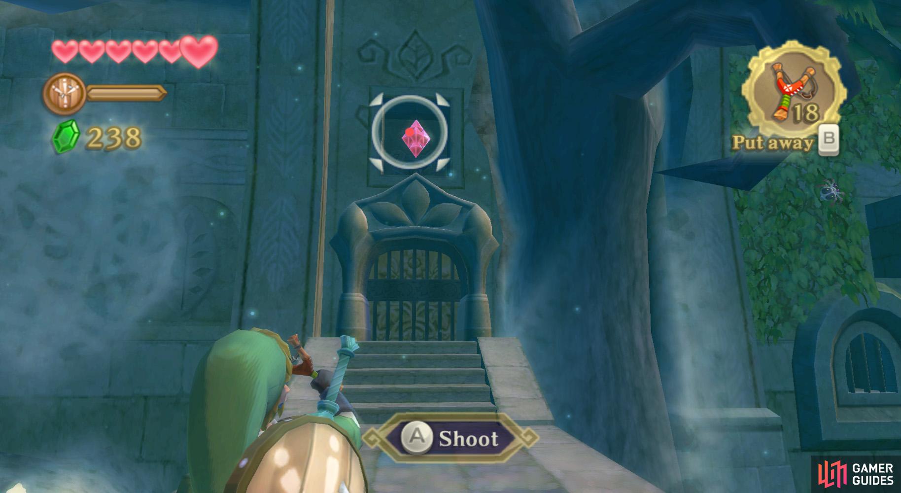Then when the coast is clear, shoot the crystal switch above the door.