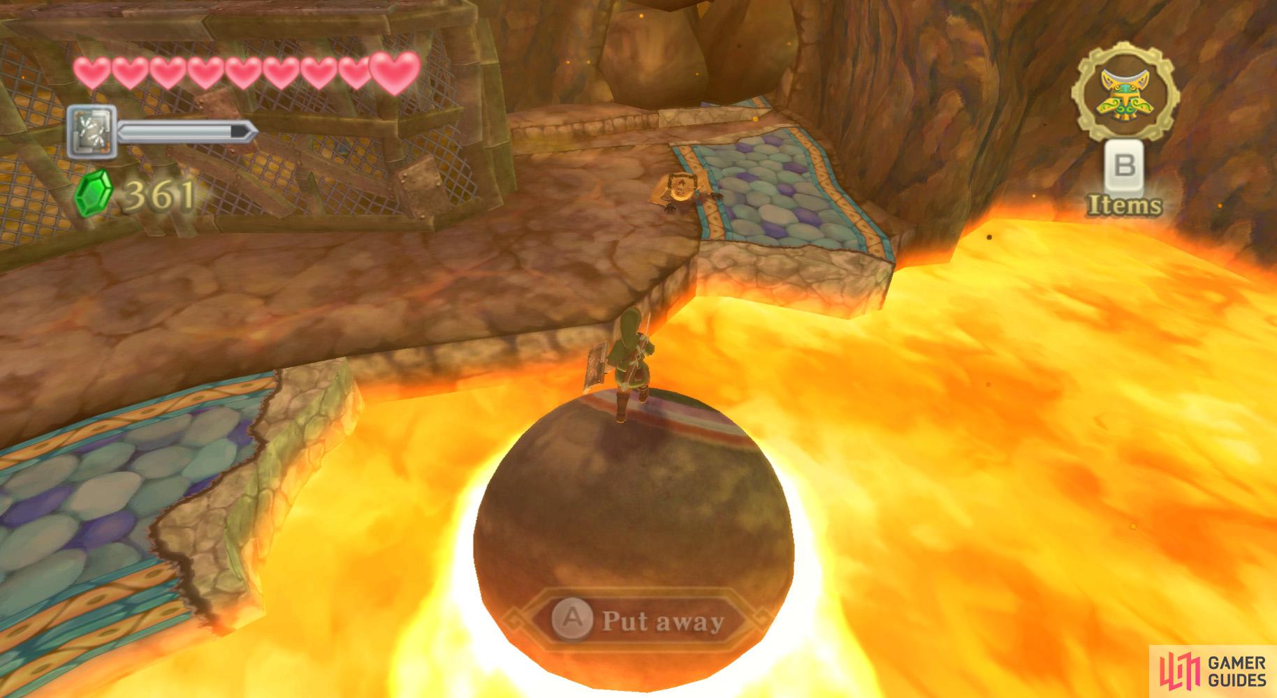 You can use a giant stone sphere to traverse the lava.