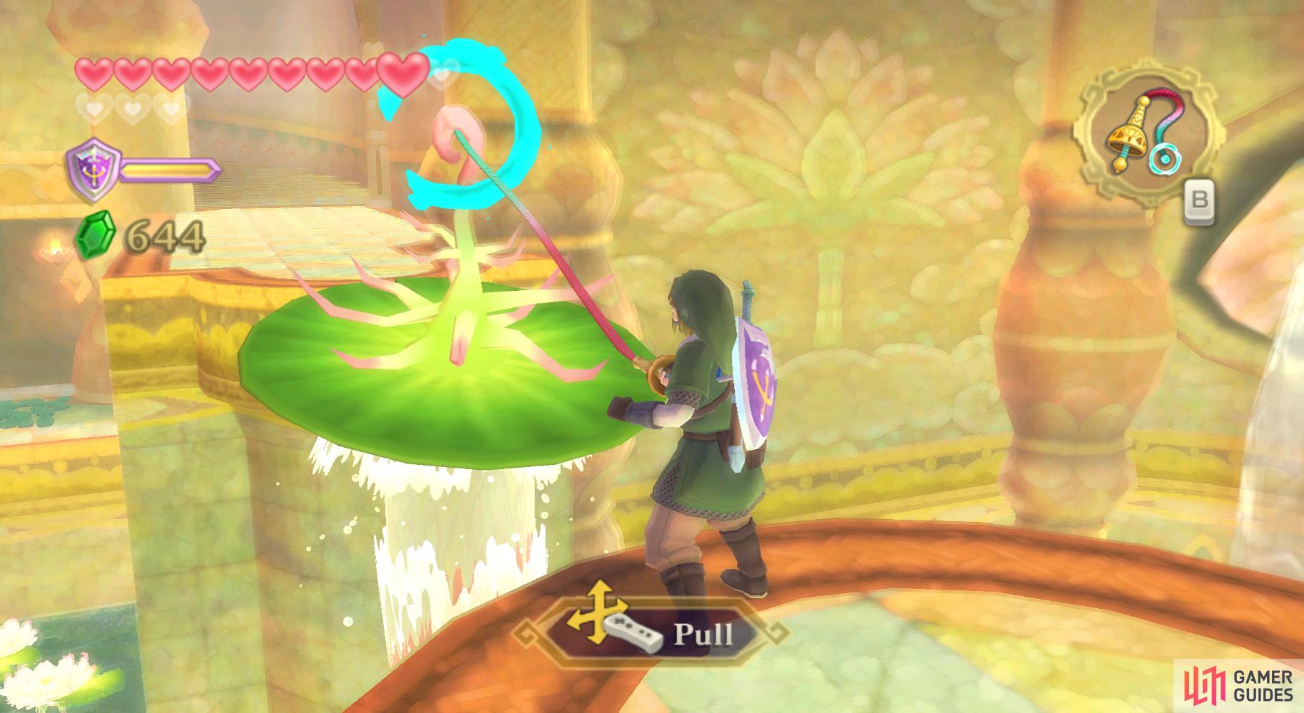 After activating the water valve, go around and flip the same lilypad with your whip, then dash across it.