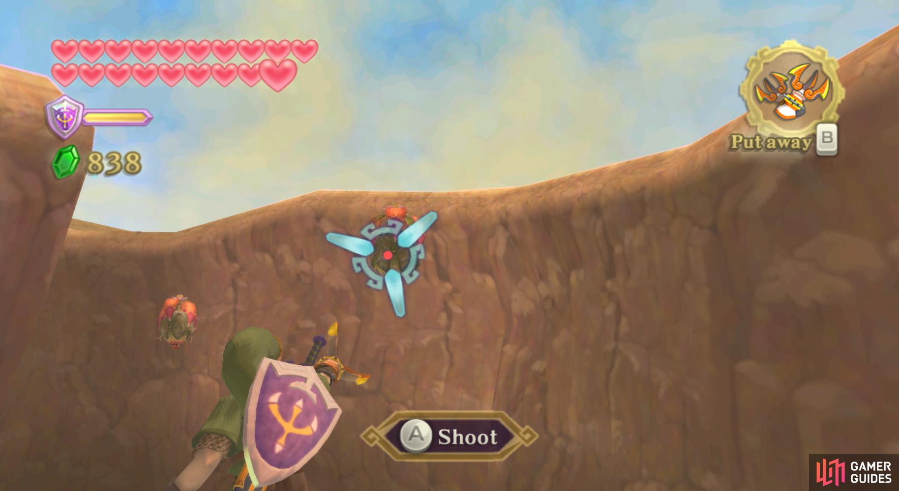 Cross the chasm by firing your Clawshots at the chain of Peahats.