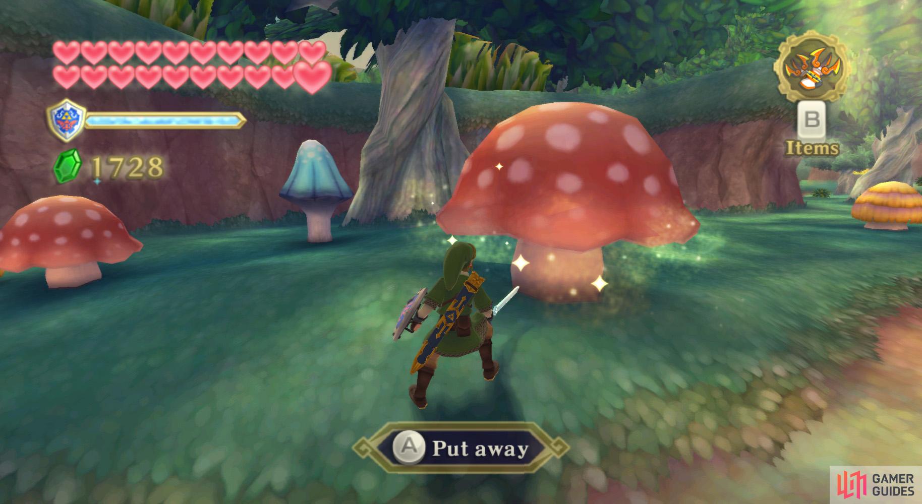 When you see a sparkling mushroom, poke it with your sword to dislodge its spores.