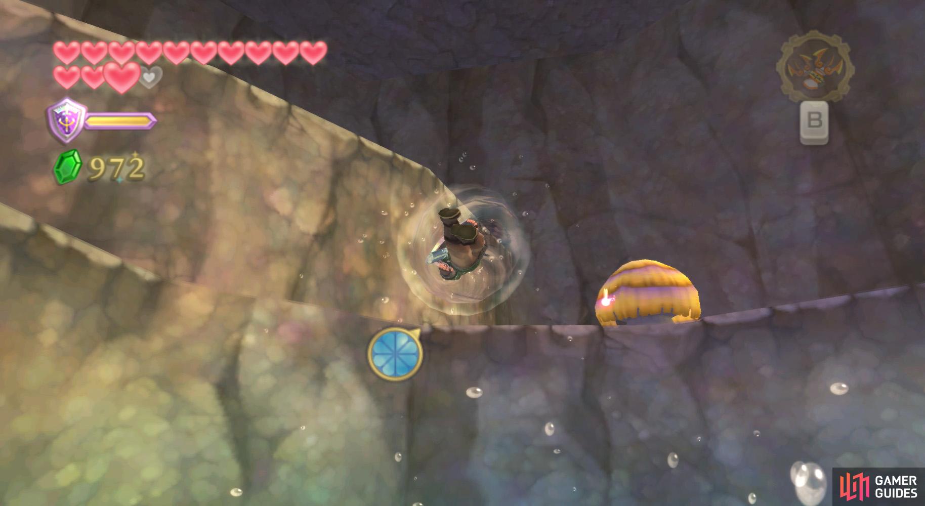 Fly to the northeastern island with a deep pond, then swim through the tunnel and use a spin attack at the end to climb up.