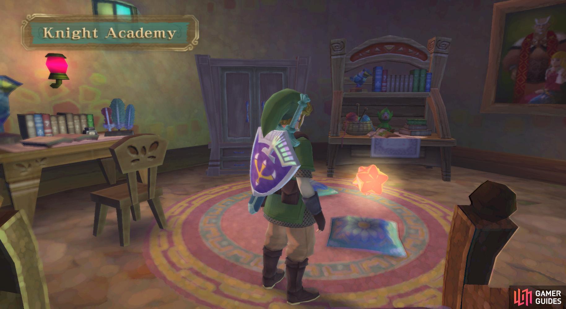 12: Inside Zeldas room in the Knight Academy. Use the Clawshots to climb into the chimney on the roof.