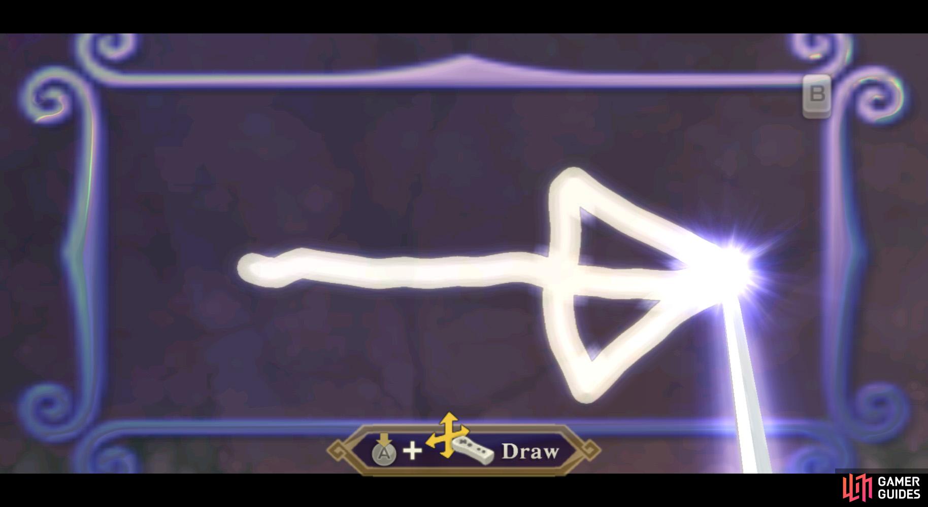 Charge a Skyward Strike in front of the wall and draw your best arrow shape.