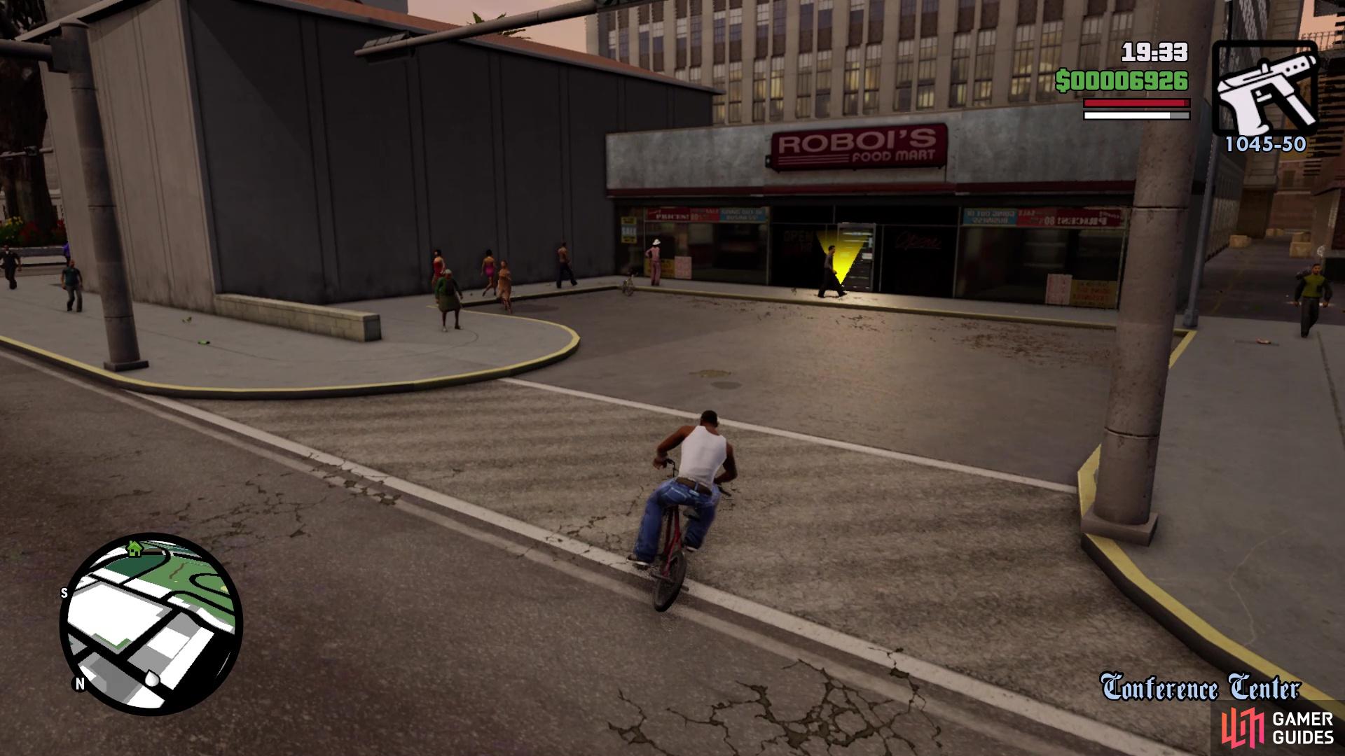 Get on the bike in front of the shop to start the mission