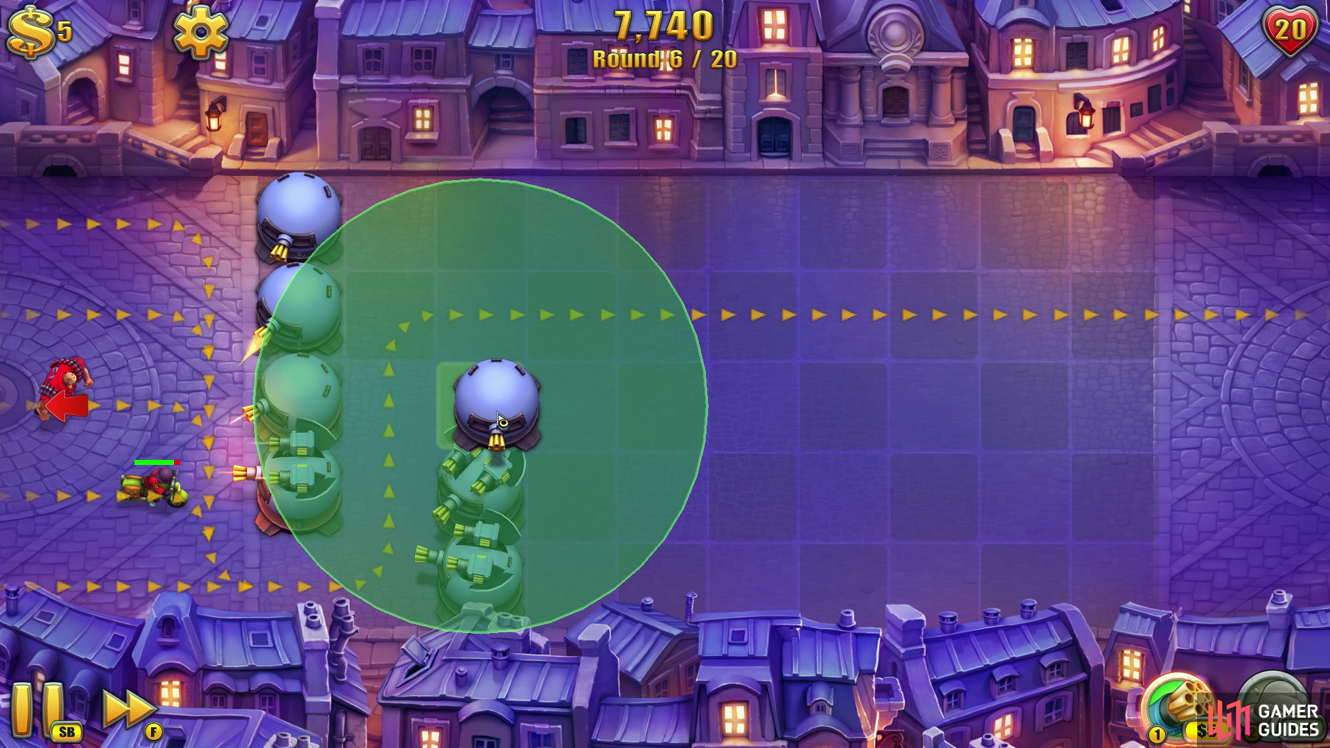 Once you’re prompted to use the Glue Tower… don’t. Instead you should use the free coins to drop another two Gatling Towers so you’re creating a U-bend that goes towards the top of the map.