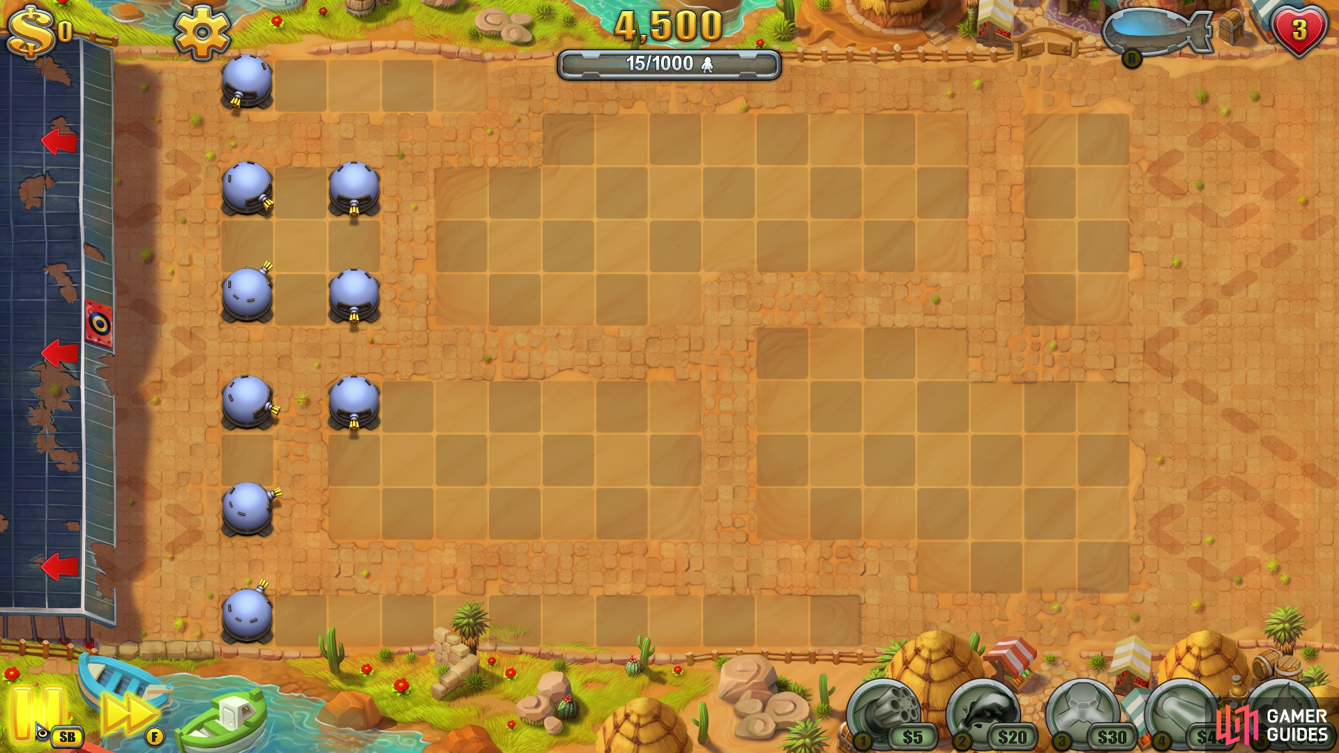 The key to this round is the spacing of your towers. Try not to bunch them too close together, otherwise they lose their effectiveness.