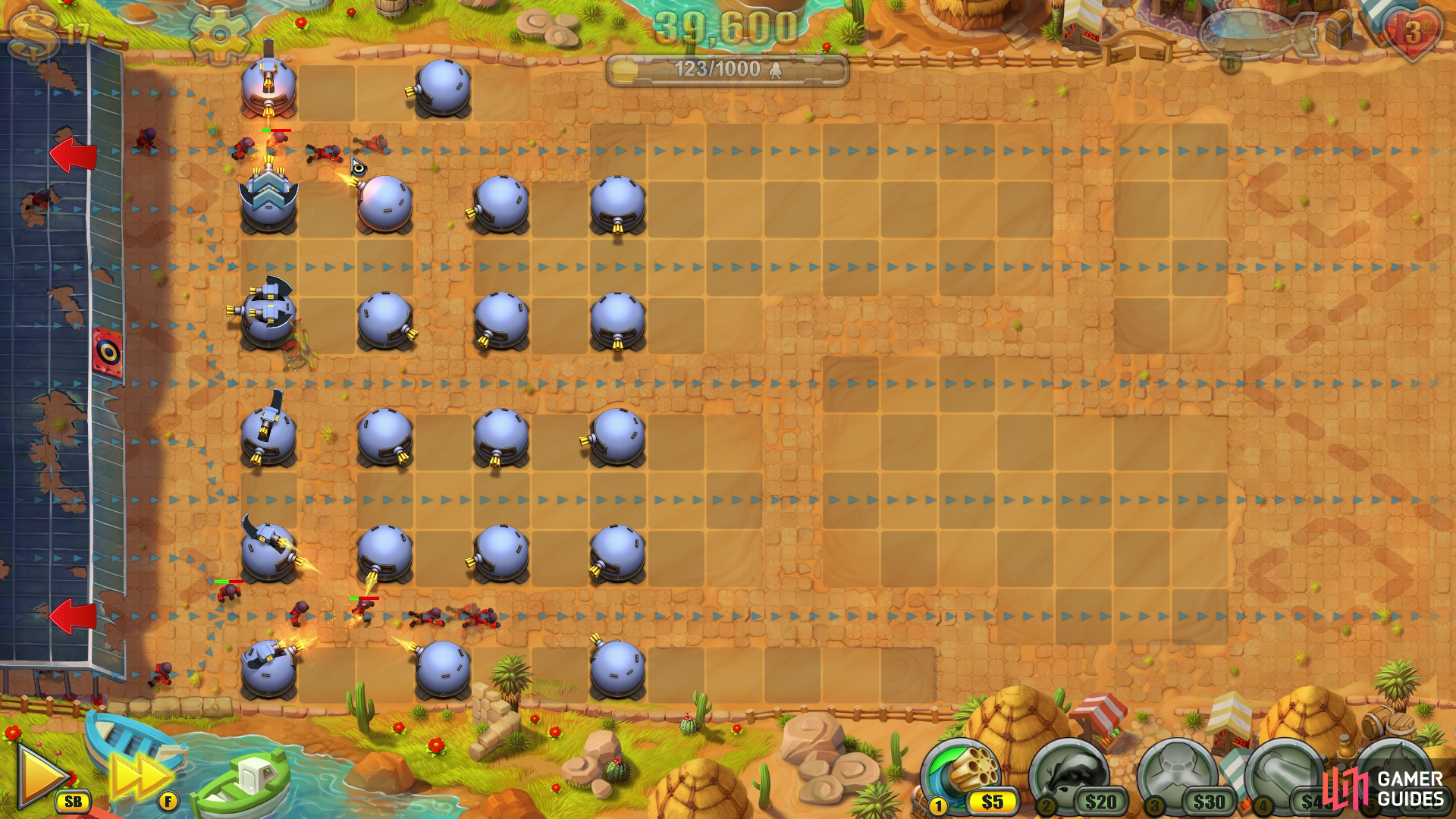 Keep pausing after every major rush to add more towers on the same horizontal strip of ground (See screenshot above).