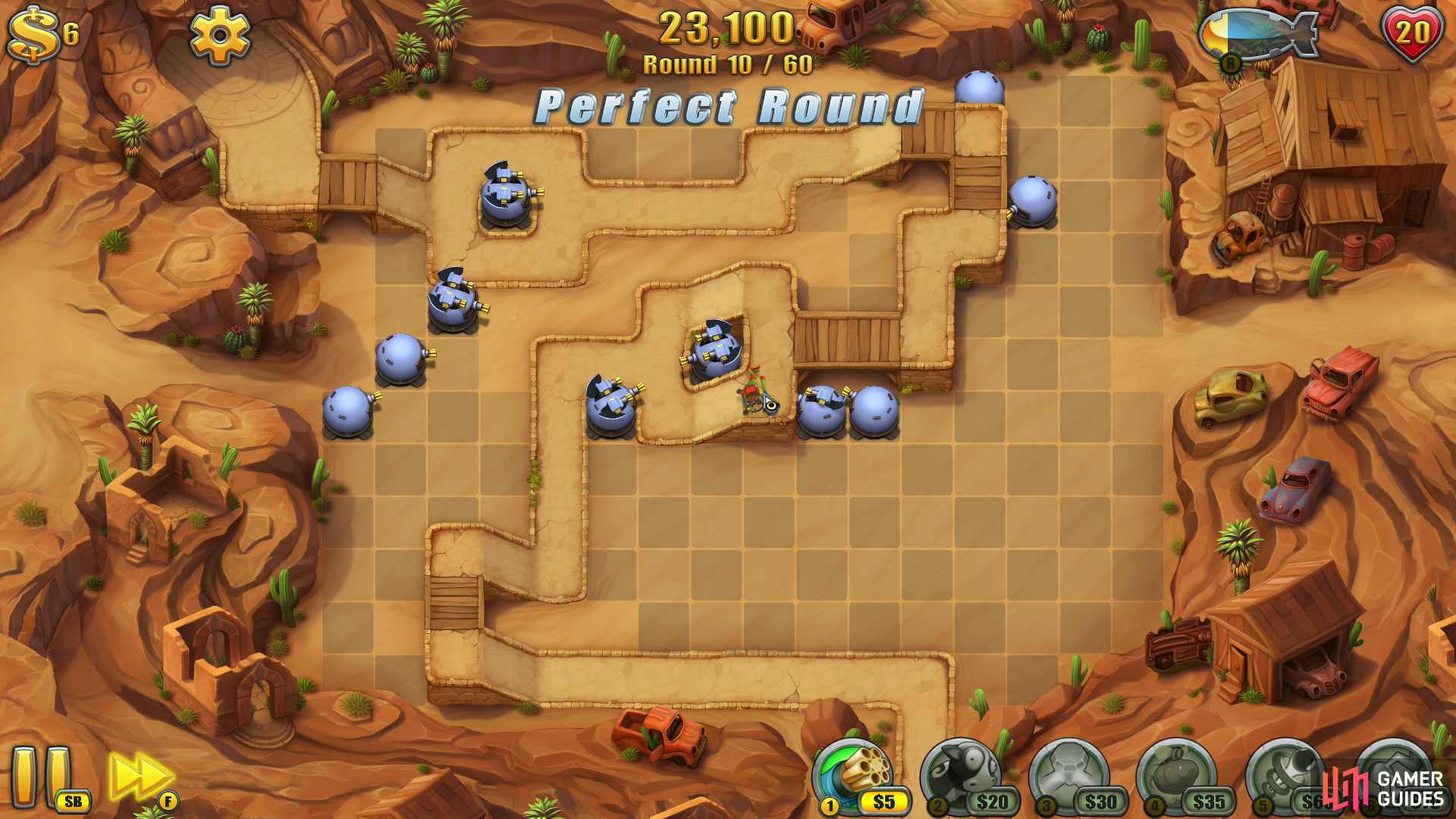 This map isn’t too difficult to do without any items, buy your towers will need to be placed properly and upgraded appropriately, otherwise enemies will slip through the cracks (and here at GamerGuides.com, we don’t tolerate Fieldrunners making it to the exit).