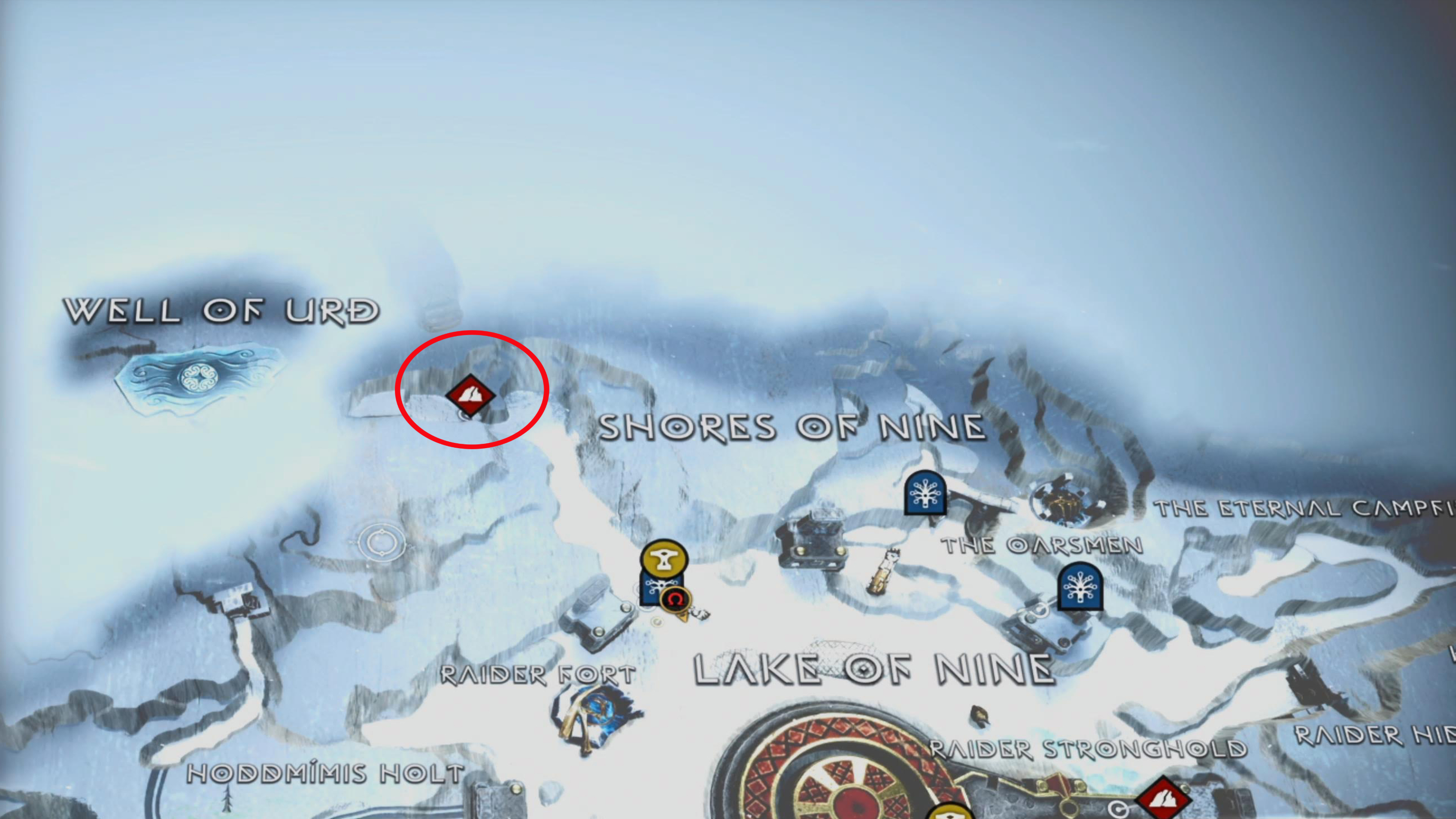The Well of Urd camp can be found in the northwest of the Lake of Nine.