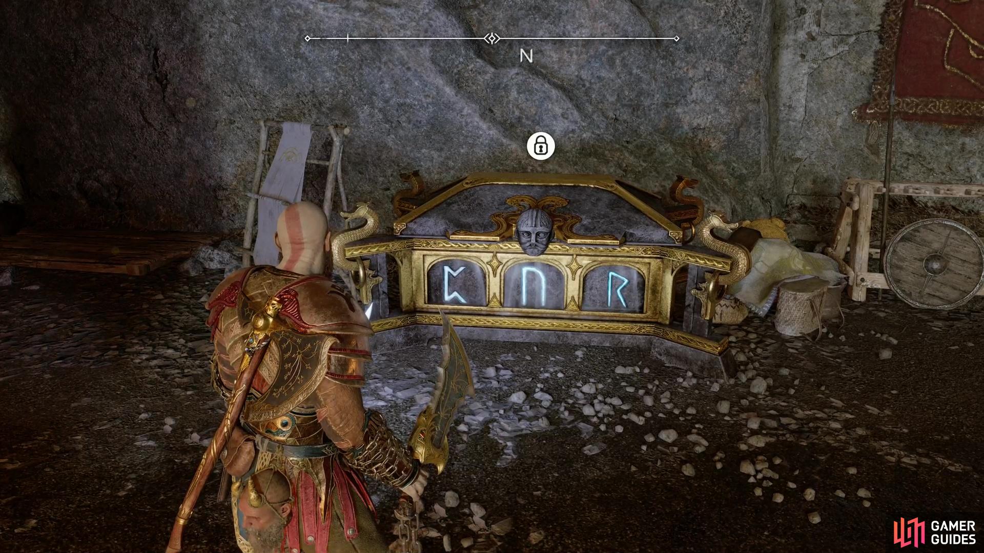 Find a Nornir Chest on a ledge in the Raider Hideout. You’ll need to light three rune braziers to open it.