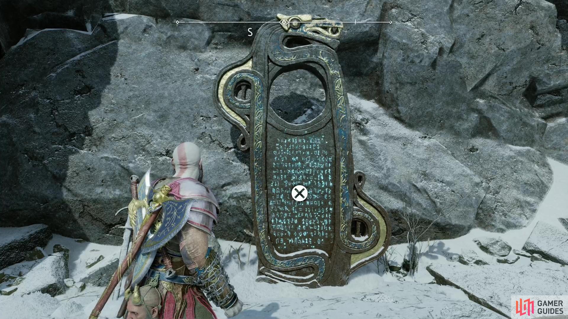 Turn a pulley and destroy a Wisp-spawning pillar, then search to the south to find the Lore Marker - Blodugr Steinn.