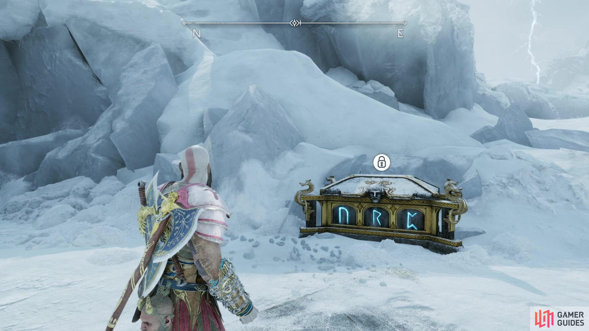 You’ll find a Nornir Chest outside of the treasury, northeast of the shield.